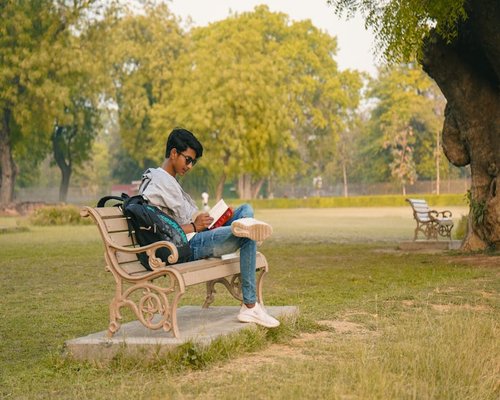 Person peacefully relaxing on a park bench reading a book